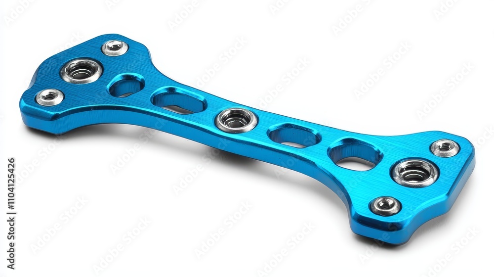 Obraz premium a close up of an anodized aluminum rear suspension arm for the Traxxas Slash 4x4, which is blue in color and has several nuts on it, set against a white background