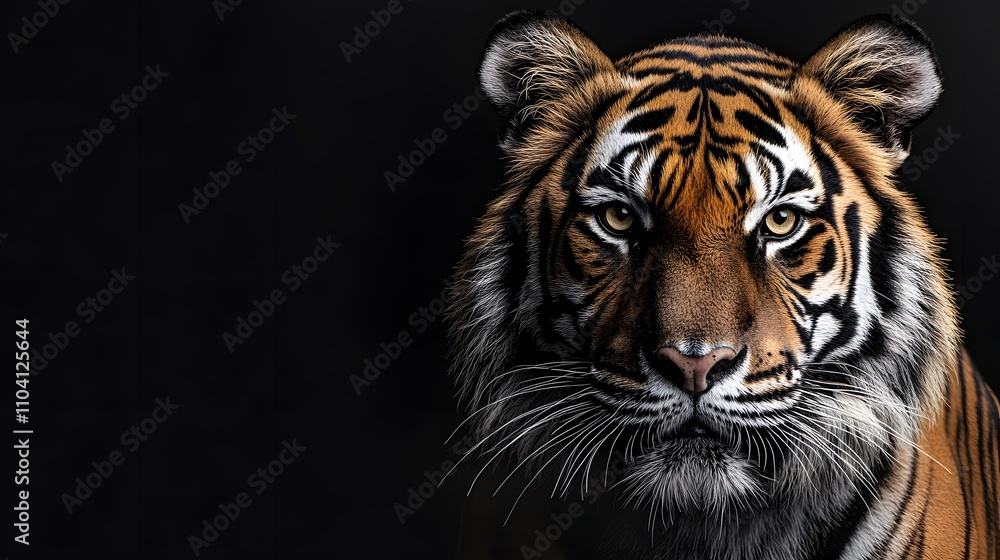 Majestic tiger prowling against a dark, mysterious black background. Majestic tiger prowling against a dark, mysterious black background.