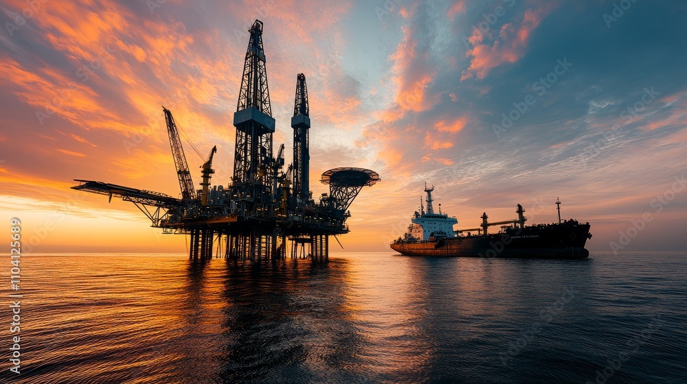 Silhouette of Drilling Rig and Ship at Sunset Silhouette of Drilling Rig and Ship at Sunset