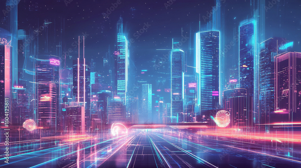 Nighttime view of a advanced city with light, abstract modern technology concept retro futuristic neon lights creating a vibrant cityscape, neon lights reflecting across the building of city. Nighttime view of a advanced city with light, abstract modern technology concept retro futuristic neon lights creating a vibrant cityscape, neon lights reflecting across the building of city.
