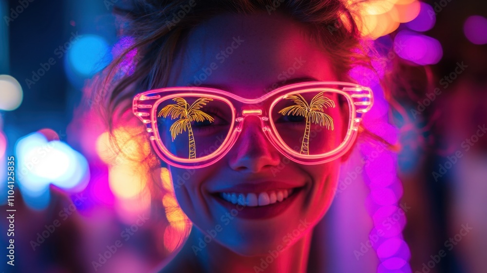 Woman Smiling and Wearing Neon Sunglasses at a Night Party with Colorful Lights
Woman Smiling and Wearing Neon Sunglasses at a Night Party with Colorful Lights