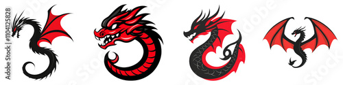 symbols of Chinese New Year concept. Five stylized red and black dragon illustrations  on Transparent background.