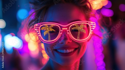 Woman Smiling and Wearing Neon Sunglasses at a Night Party with Colorful Lights 