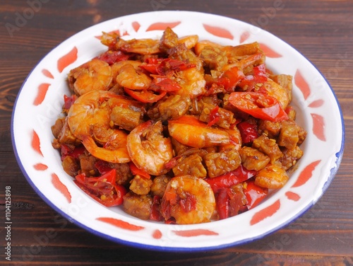 close up of hot spicy shrimp and tempeh stir-fry, oseng udang tempe pedas, fried shrimp with tempeh, tumis udang, udang tempe balado, sambal udang tempe, delicious food photo