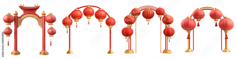 symbols of Chinese New Year concept. Traditional red lanterns arranged in decorative arches for celebrations. on Transparent background. symbols of Chinese New Year concept. Traditional red lanterns arranged in decorative arches for celebrations. on Transparent background.