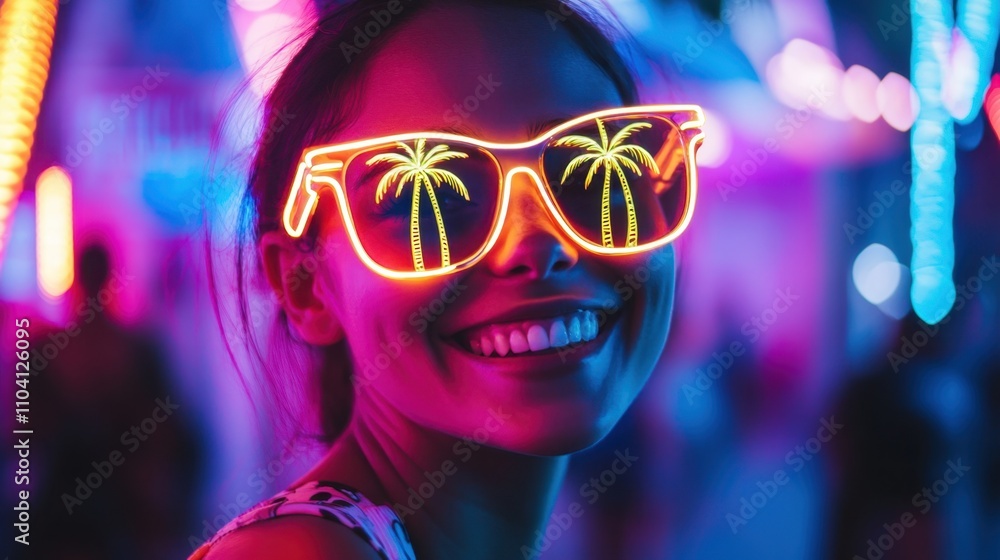Woman Smiling and Wearing Neon Sunglasses at a Night Party with Colorful Lights
Woman Smiling and Wearing Neon Sunglasses at a Night Party with Colorful Lights