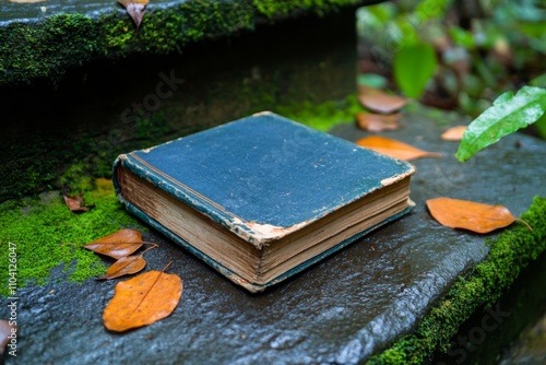 A forgotten old book lying on the stone steps of a ruined cathedral, partially covered in moss and dirt photo