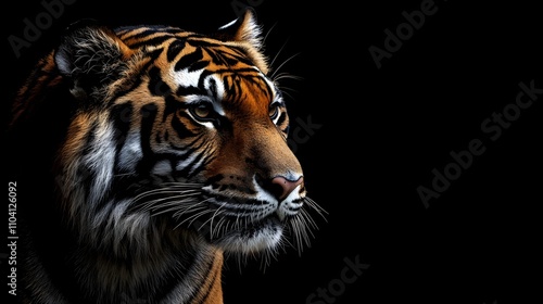 Intense tiger portrait emerging boldly from a deep black backdrop.