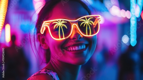 Woman Smiling and Wearing Neon Sunglasses at a Night Party with Colorful Lights 