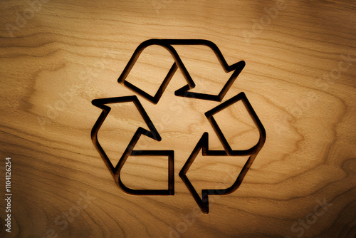 Environmental consideration recycling concept. Recycling symbol on a wooden background. photo