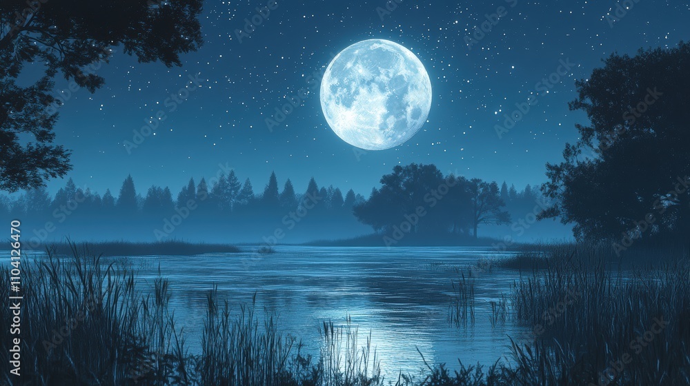 A serene night landscape featuring a full moon reflecting on a calm water surface. A serene night landscape featuring a full moon reflecting on a calm water surface.