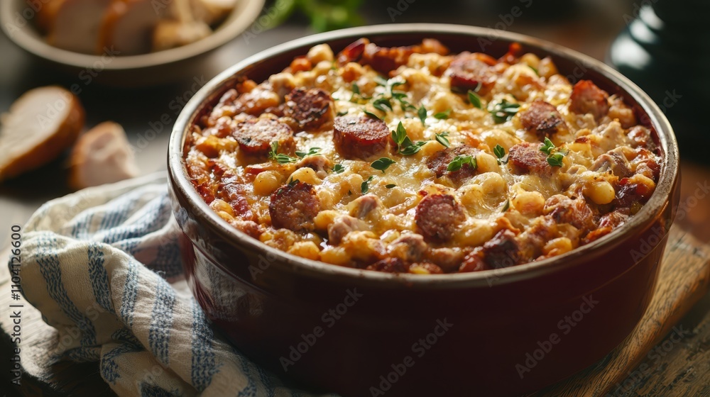 a bowl of chili con carne with sausage and cheese on a wooden cutting board, accompanied by a cloth and other food items The background is slightly blurred, giving a bowl of chili con carne with sausage and cheese on a wooden cutting board, accompanied by a cloth and other food items The background is slightly blurred, giving