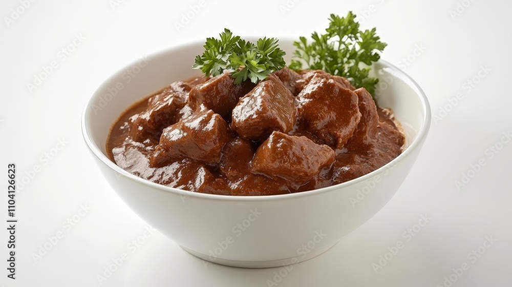 a white bowl filled with a delicious-looking beef stew, garnished with fresh parsley The stew is a rich, dark brown color, and the parsley adds a bright, vibrant g a white bowl filled with a delicious-looking beef stew, garnished with fresh parsley The stew is a rich, dark brown color, and the parsley adds a bright, vibrant g