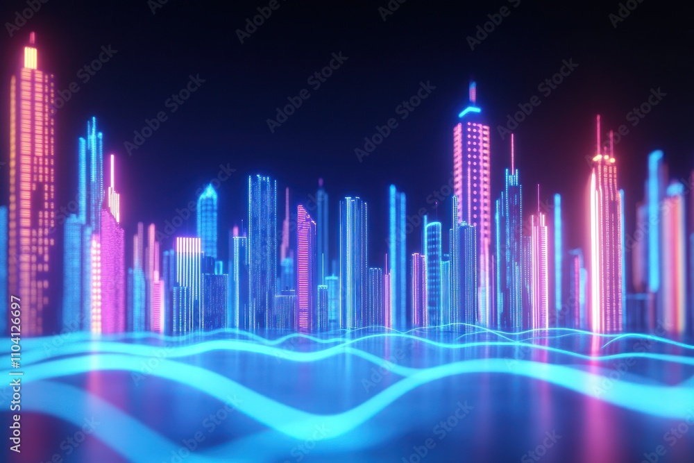Neon-lit digital cityscape with vibrant light waves Neon-lit digital cityscape with vibrant light waves