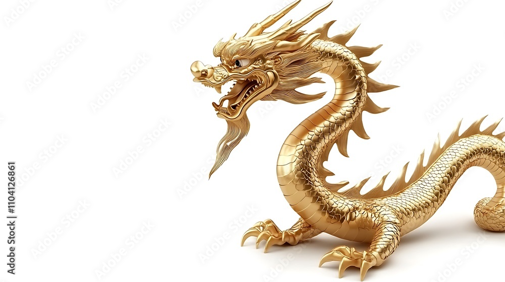 A golden dragon, large and detailed, is shown against a white background. A golden dragon, large and detailed, is shown against a white background.