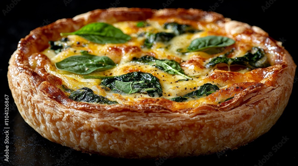 a quiche with spinach and cheese on a black plate The quiche is golden-brown in color and is filled with a savory mixture of spinach, cheese, and other ingredients a quiche with spinach and cheese on a black plate The quiche is golden-brown in color and is filled with a savory mixture of spinach, cheese, and other ingredients
