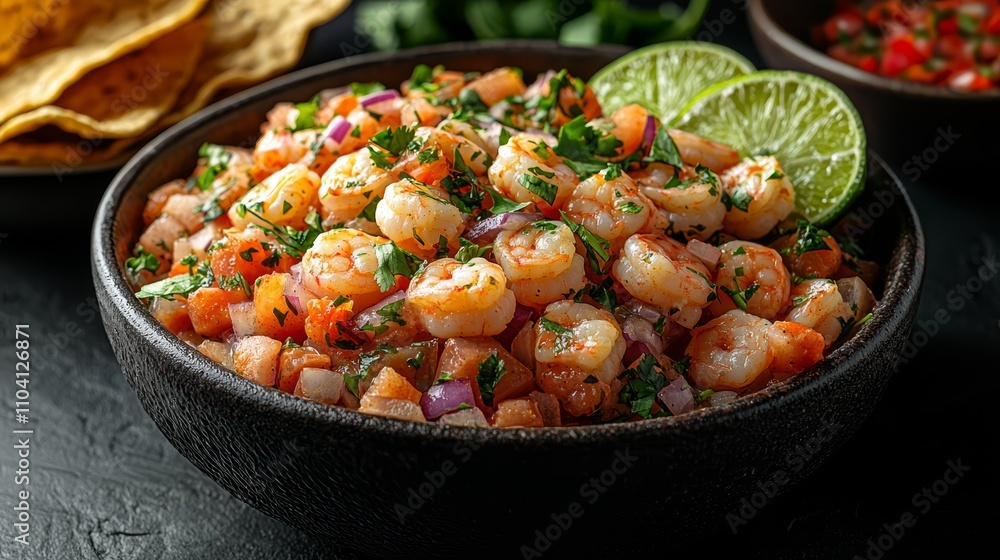 a bowl of shrimp ceviche with tortilla chips on the side The bowl is filled with succulent shrimp, diced tomatoes, onions, and cilantro, and is garnished with slic a bowl of shrimp ceviche with tortilla chips on the side The bowl is filled with succulent shrimp, diced tomatoes, onions, and cilantro, and is garnished with slic