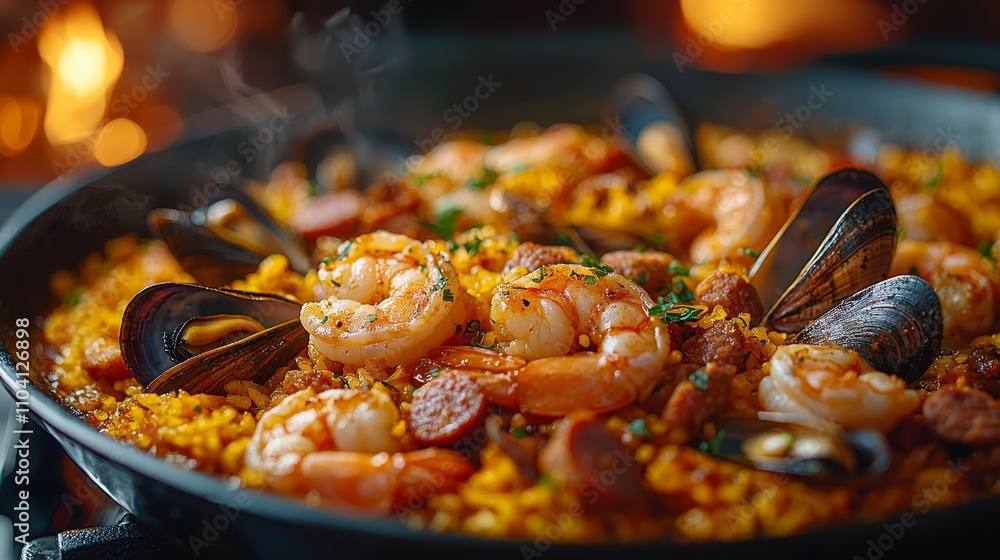 a pan filled with seafood and rice on top of a stove, with a blurred background The pan is filled with a variety of seafood, including shrimp, mussels, and clams, a pan filled with seafood and rice on top of a stove, with a blurred background The pan is filled with a variety of seafood, including shrimp, mussels, and clams,