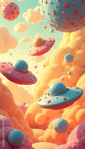 Bright cartoon flying saucers floating in a colorful bubble landscape for children photo