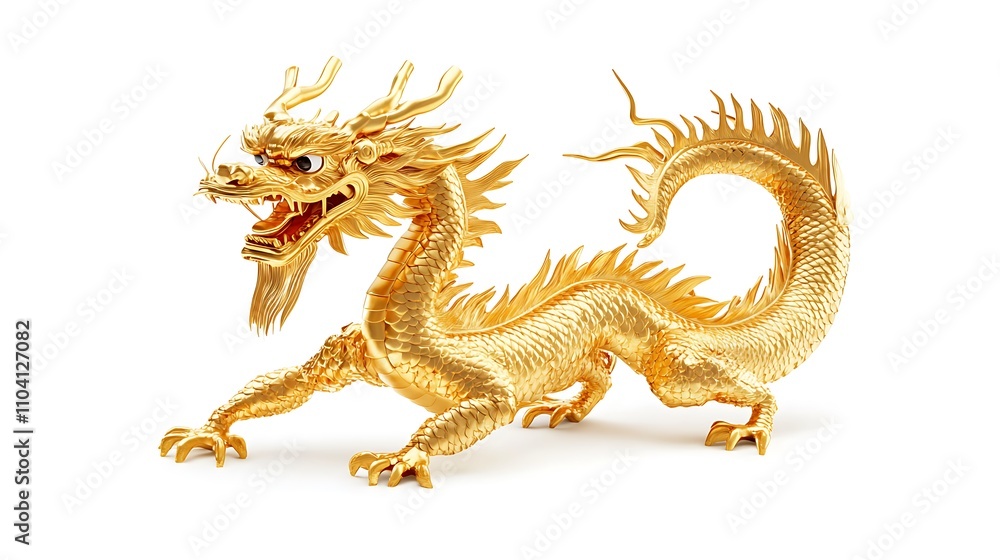 A golden dragon, large and detailed, is shown against a white background. A golden dragon, large and detailed, is shown against a white background.