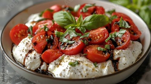  a bowl of Caprese salad with mozzarella and tomatoes, topped with fresh basil leaves The bowl is sitting on a platform, and the background is slightly blurred, giv