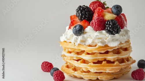  a stack of waffles topped with fresh berries and a generous dollop of whipped cream The waffles are golden brown and the berries are a mix of red, black, and white