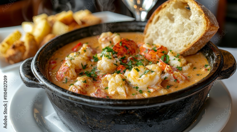 a bowl of lobster bisque with french fries and a piece of bread on a plate, placed on a table with a glass and other objects in the background The background is sl a bowl of lobster bisque with french fries and a piece of bread on a plate, placed on a table with a glass and other objects in the background The background is sl