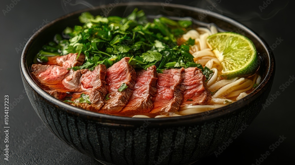 a bowl of beef pho with noodles and vegetables, garnished with a slice of lemon The beef is cooked to perfection, with a golden-brown crust and a juicy, succulent a bowl of beef pho with noodles and vegetables, garnished with a slice of lemon The beef is cooked to perfection, with a golden-brown crust and a juicy, succulent