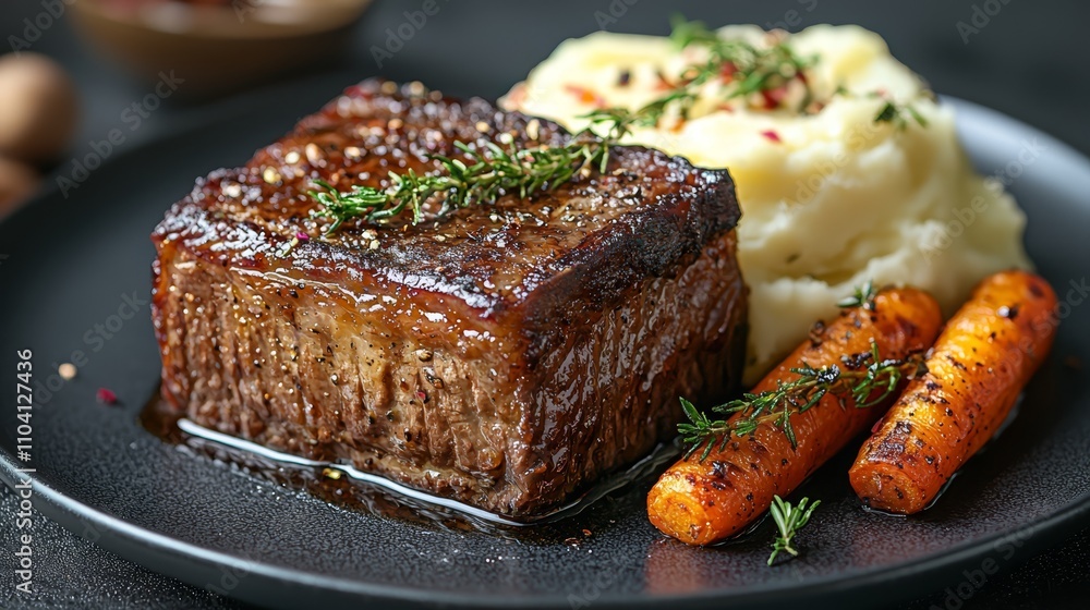 a black plate topped with a succulent steak, mashed potatoes, and carrots The steak is cooked to perfection, with a golden-brown crust and juicy center The mashed a black plate topped with a succulent steak, mashed potatoes, and carrots The steak is cooked to perfection, with a golden-brown crust and juicy center The mashed