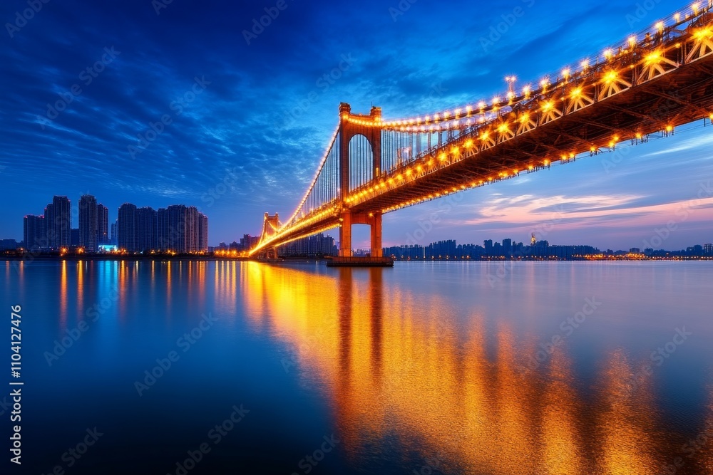 Obraz premium A glowing bridge with colorful LED lights during a festival, reflected in the calm waters below
