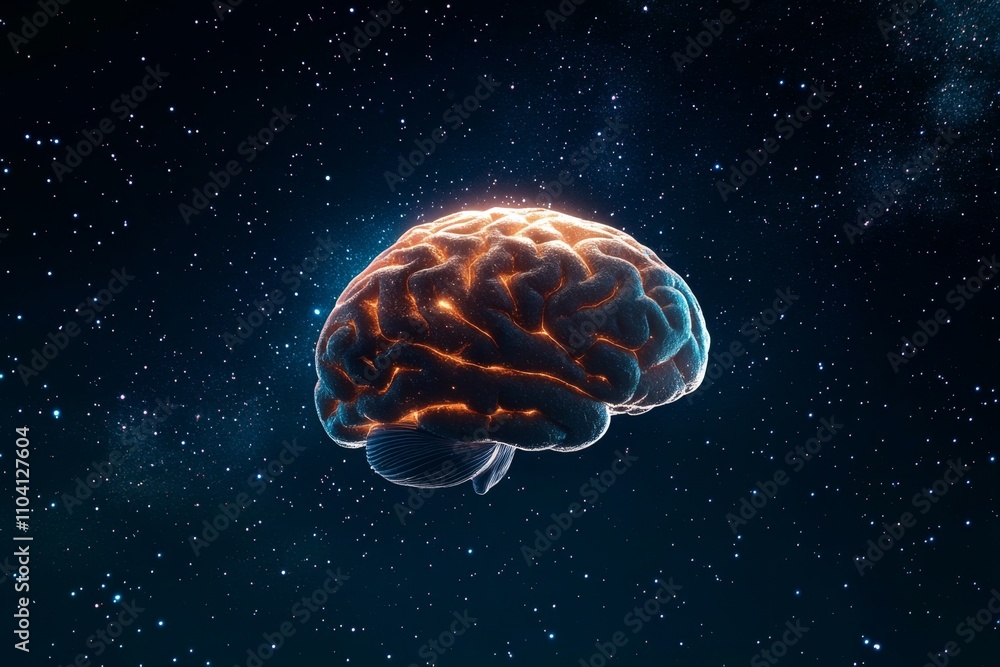 Obraz premium A glowing, magical brain floating in a starry void, surrounded by swirling galaxies and shimmering stardust