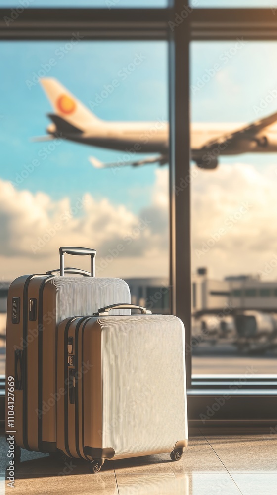 Two suitcases by a window with a plane outside. Two suitcases by a window with a plane outside.
