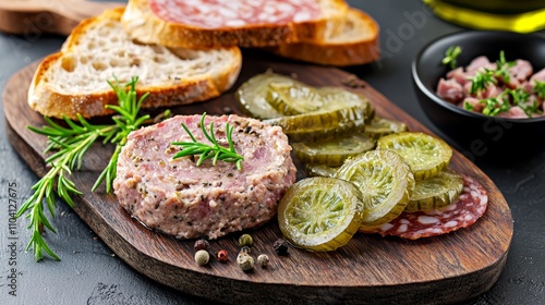  a wooden cutting board topped with slices of bread and pickles, as well as a bowl of salami and a bottle of olive oil, all placed on a black surface photo