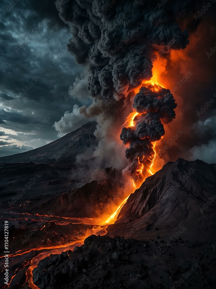 Fototapeta premium Active volcano eruption with flowing lava under a dramatic sky.