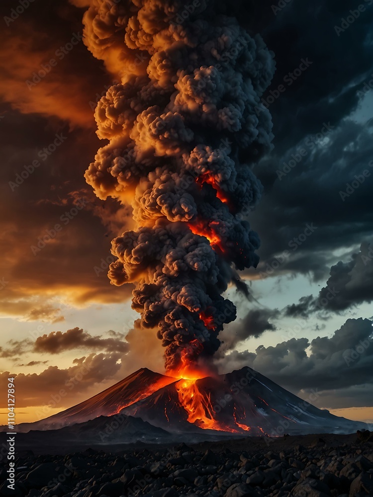 Fototapeta premium Active volcano eruption with flowing lava under a dramatic sky.