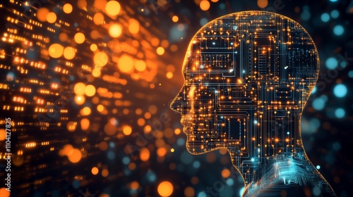 3D rendering profile of a digital human head with a neon light circuit board background, in the style of a futuristic, holographic design.