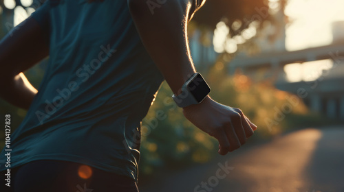 Person running on a road wearing a smartwatch.