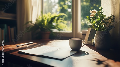 A peaceful workspace with blank sheets, a cup of coffee, and sunlight streaming in