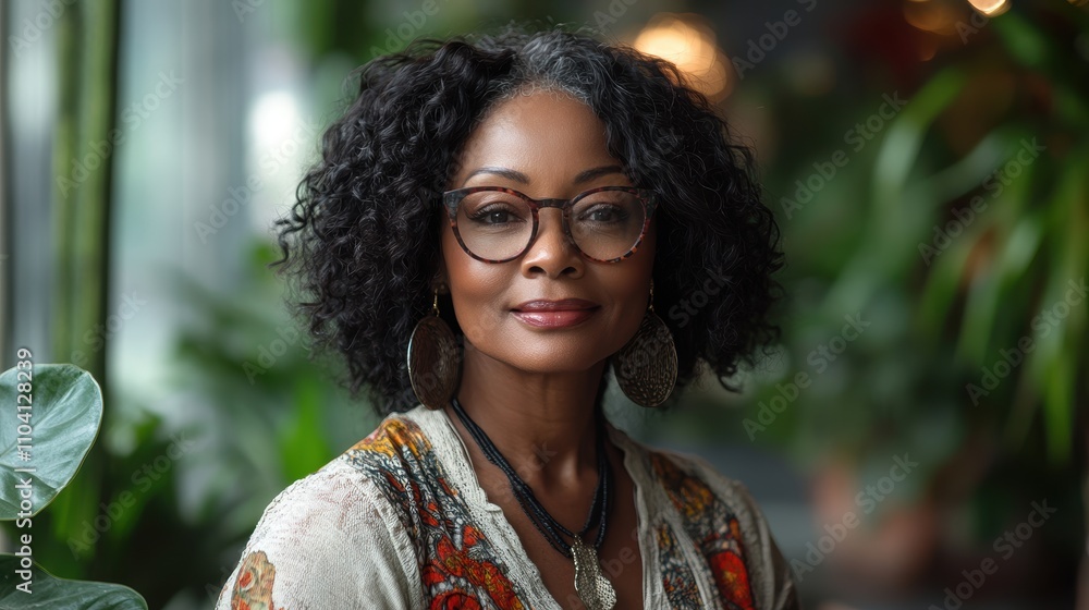 An elegant portrait of a person wearing glasses and large earrings, surrounded by vibrant greenery, showcasing an expressive and serene setting. An elegant portrait of a person wearing glasses and large earrings, surrounded by vibrant greenery, showcasing an expressive and serene setting.