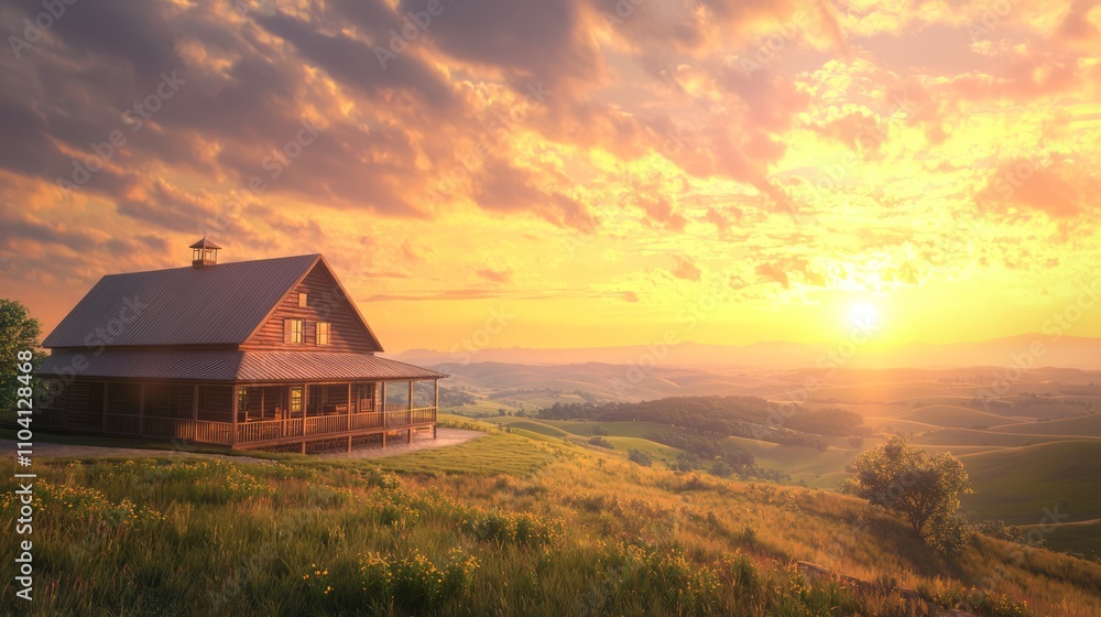 Enchanting Barn at Sunset with Porch on Rolling Hills - Ultra-Detailed Photorealistic Scene of Tranquil Countryside Retreat Enchanting Barn at Sunset with Porch on Rolling Hills - Ultra-Detailed Photorealistic Scene of Tranquil Countryside Retreat