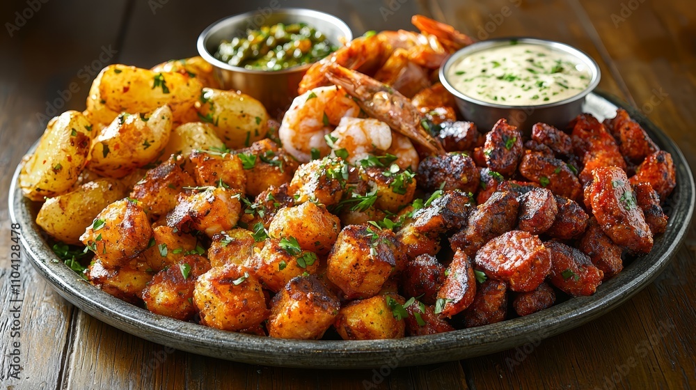 Fototapeta premium a plate of shrimp and potatoes with dipping sauces on a wooden table The plate is filled with a variety of food items, including shrimp, potatoes, and other accomp
