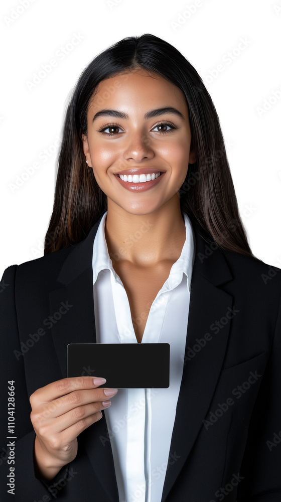 Professional woman holding a blank card on a transparent background Professional woman holding a blank card on a transparent background