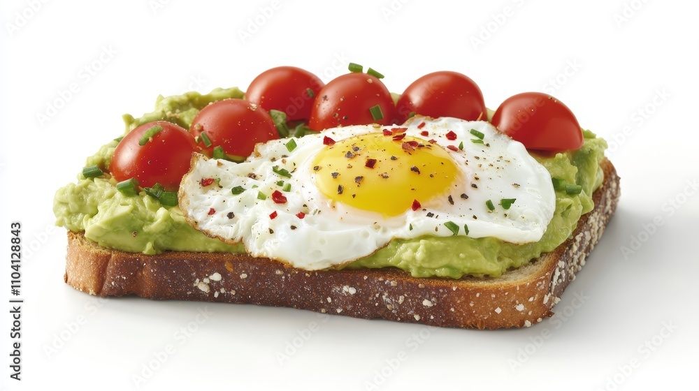 a piece of toast with a fried egg on top of it, surrounded by a generous helping of avocado and tomatoes The toast is lightly toasted and the egg is cooked to perf a piece of toast with a fried egg on top of it, surrounded by a generous helping of avocado and tomatoes The toast is lightly toasted and the egg is cooked to perf
