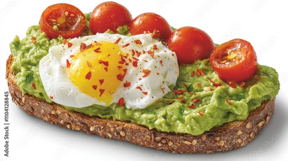a piece of toast topped with avocado and a fried egg The toast is lightly toasted and the egg is cooked sunny-side up, with the yolk still intact The avocado is a a piece of toast topped with avocado and a fried egg The toast is lightly toasted and the egg is cooked sunny-side up, with the yolk still intact The avocado is a