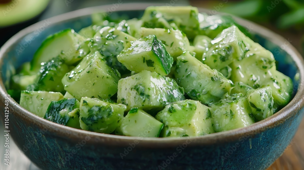 a blue bowl filled with a cucumber salad on top of a wooden table The bowl is filled to the brim with the chopped cucumber pieces, and the background is slightly b a blue bowl filled with a cucumber salad on top of a wooden table The bowl is filled to the brim with the chopped cucumber pieces, and the background is slightly b