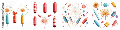 symbols of Chinese New Year concept. Colorful fireworks and sparklers displayed against  on Transparent background. photo