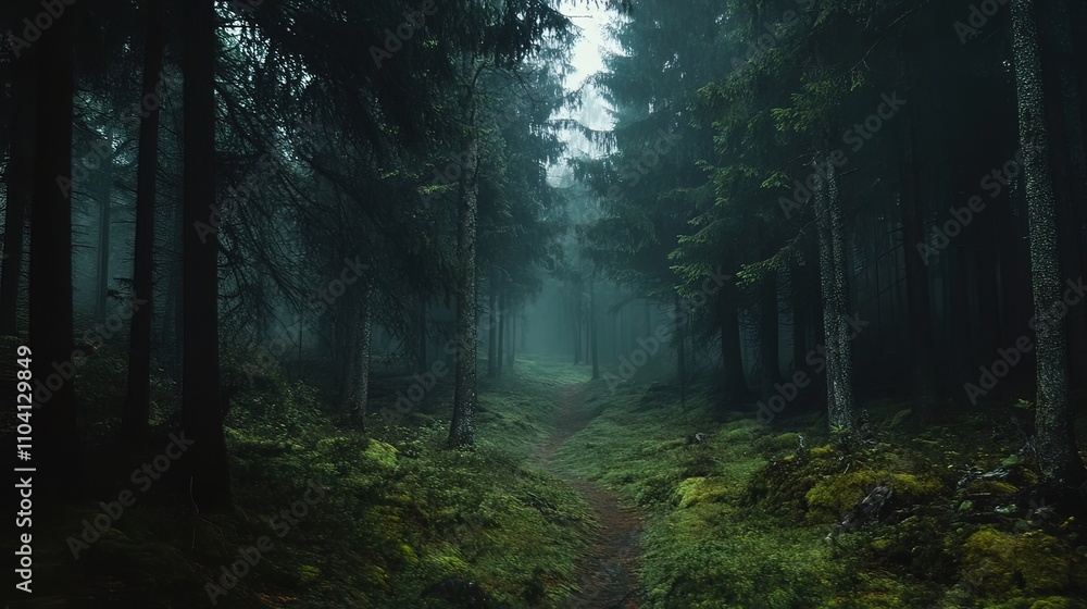 Obraz premium A misty path winds through a dense forest, sunlight barely penetrating the canopy.