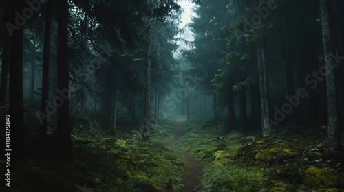 A misty path winds through a dense forest, sunlight barely penetrating the canopy.