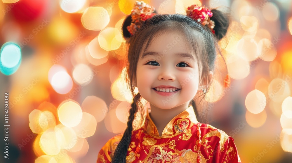 A joyful young girl wearing a traditional red and gold outfit smiles radiantly amidst a background of bright, bokeh lights celebrating a festive occasion. A joyful young girl wearing a traditional red and gold outfit smiles radiantly amidst a background of bright, bokeh lights celebrating a festive occasion.