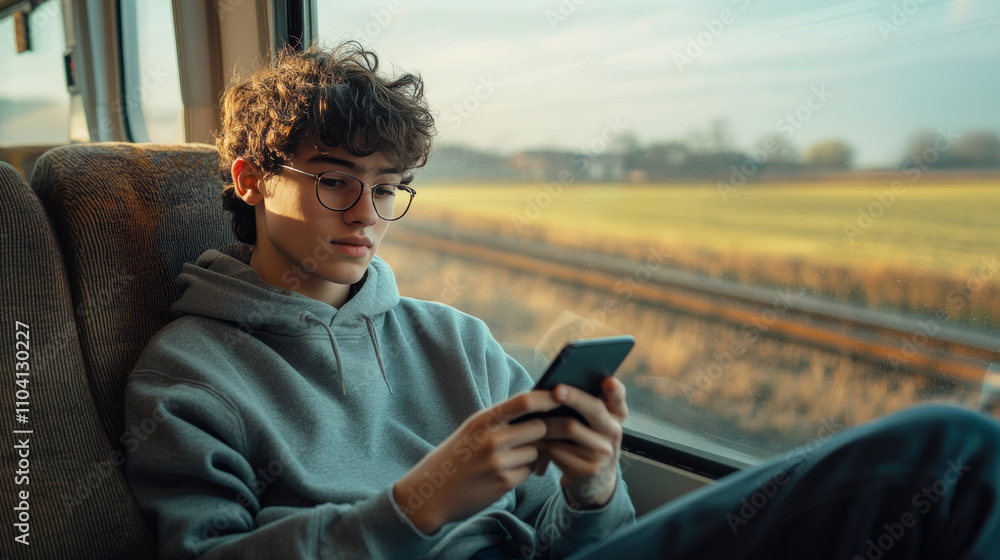Young man using smartphone on train Young man using smartphone on train